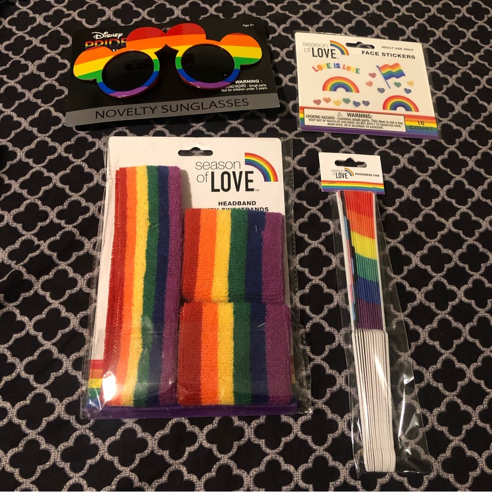 Disney Rainbow Pride Bundle Sunglasses Stickers Headband Sweatband Fan (4 Items)
